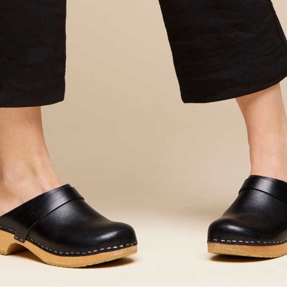 Swedish Hasbeens Black and Tan Clogs with Wooden Soles